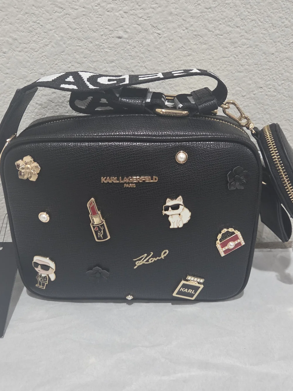 Karl Lagerfeld Black Crossbody Bag with Logo Strap Charm Pouch Pins NWT L6DEU6CJ